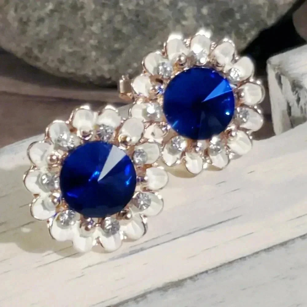 Sapphire Blue Lady Di Style Austrian Rivoli Crystal Earrings